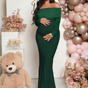 SHEIN Off-Shoulder Long Sleeve Maternity Maxi Dress in Dark Green